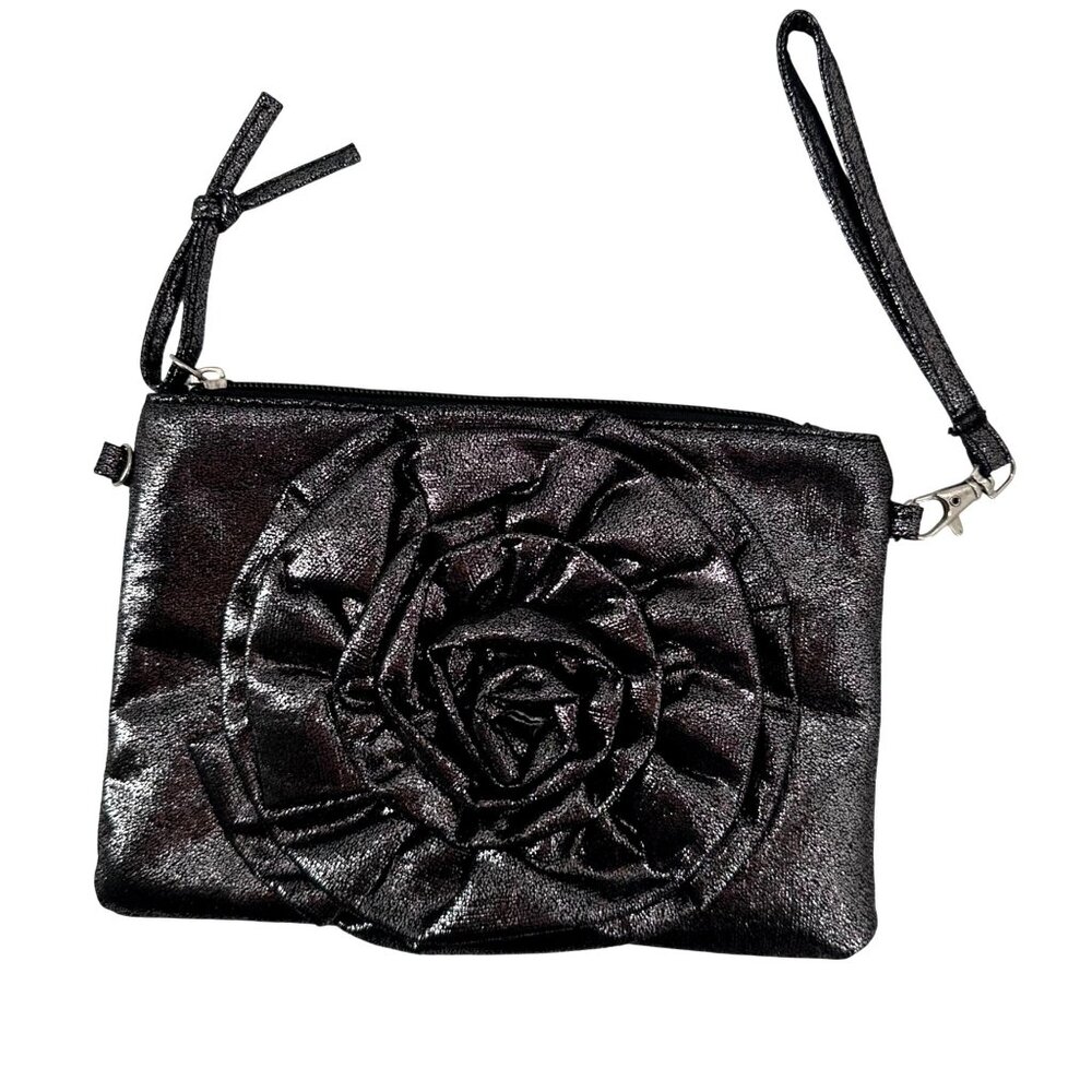 Black Wristlet Clutch With Embossed Rose Design & Zippered Compartments